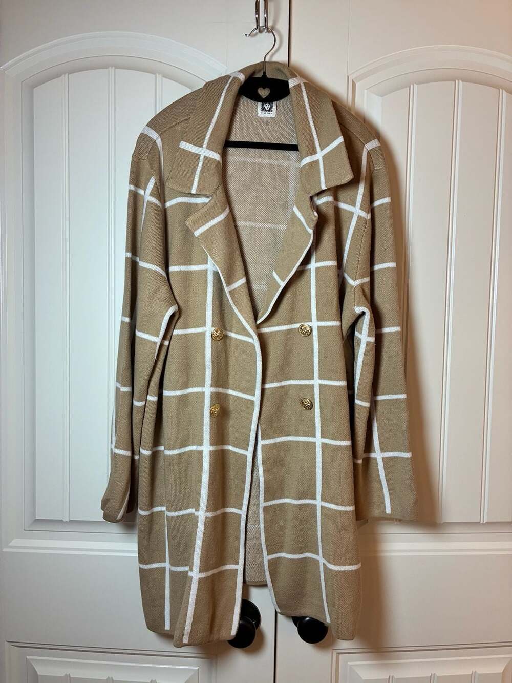 Anne Klein Open Front Long Cardigan Windowpane Check Coat XL